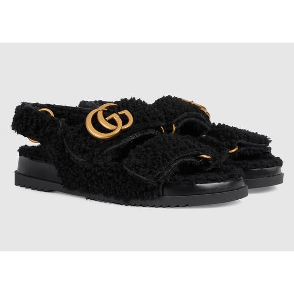 Gucci Double G Marmont Fur Shearling Double Strap Dad Sandal Black 38.5 - Picture 1 of 7